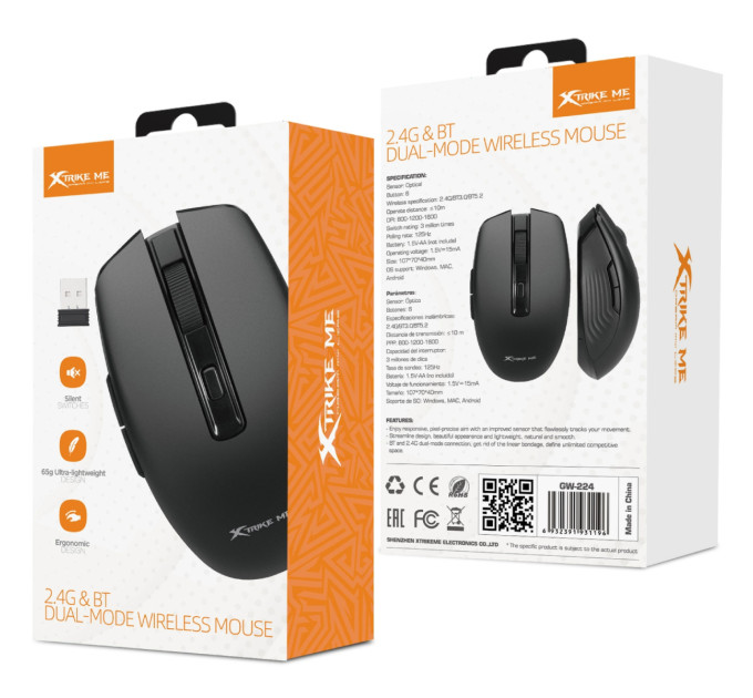 Xtrike ME Мишка Xtrike ME GW-224 Silent Bluetooth/Wireless Black (GW-224BK)