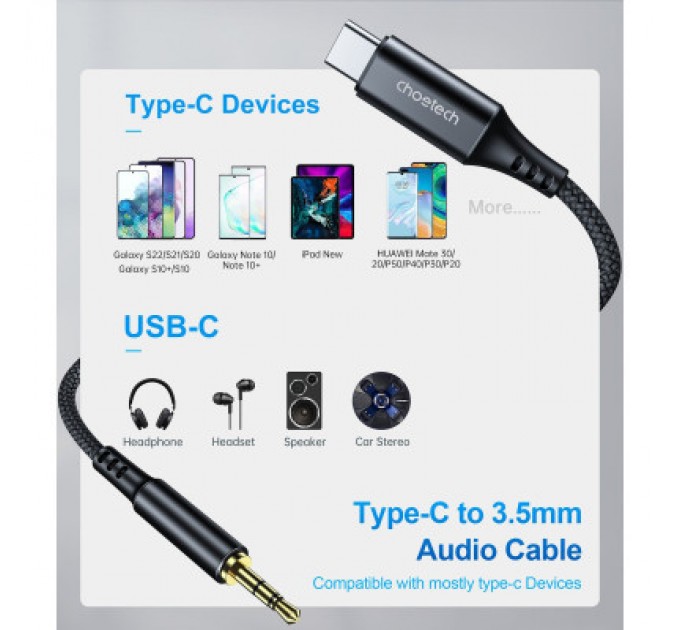 Choetech Перехідник USB-C to jack 3.5mm stereo audio (CDLA) 2.0m Choetech (AUX008-BK)