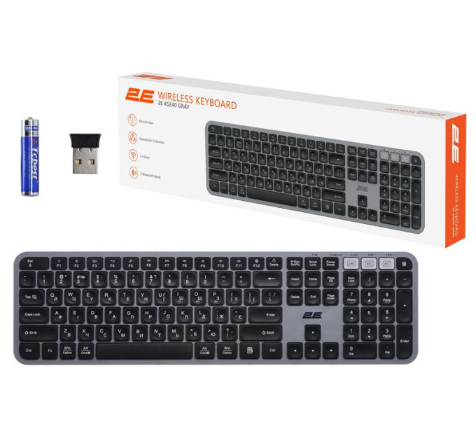 2E Клавіатура 2E KS240 Wireless USB/Bluetooth UA Grey (2E-KS240WG_UA)