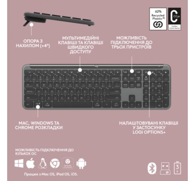 Logitech Клавіатура Logitech K950 Bluetooth/Wireless UA Graphite (920-012465)