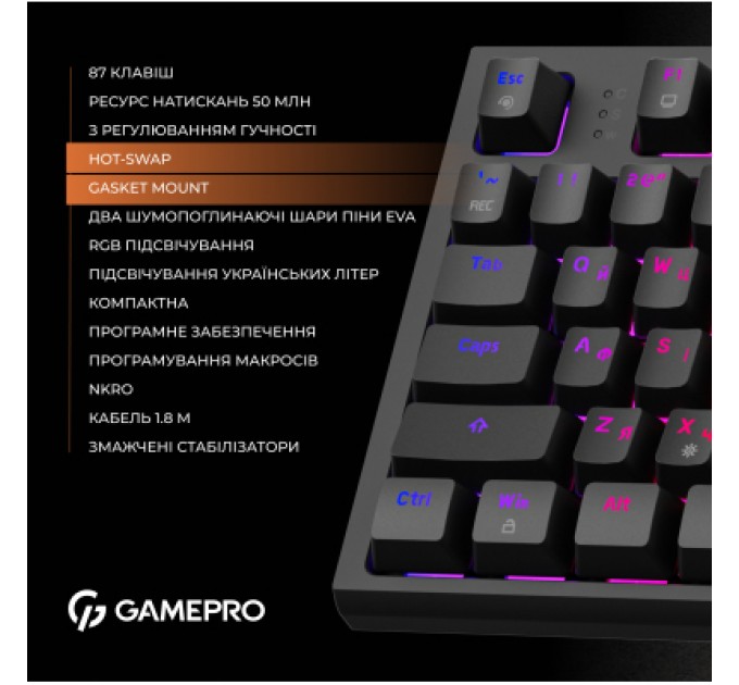 GamePro Клавіатура GamePro MK180B Hot-Swap Red Swich RGB USB UA Black (MK180B)