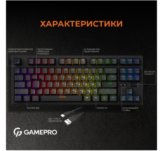 GamePro Клавіатура GamePro MK180B Hot-Swap Red Swich RGB USB UA Black (MK180B)