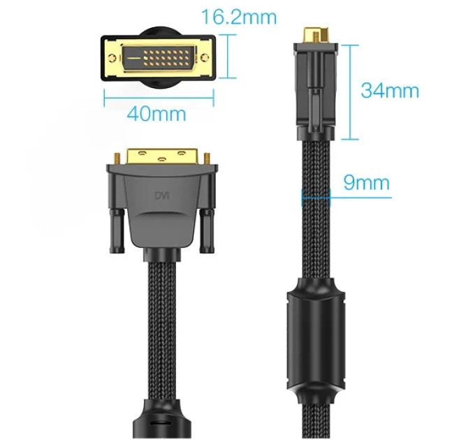 Vention Кабель мультимедійний DVI to DVI 24+1pin 8.0m 2K 60Hz ferrite Vention (EAEBK)
