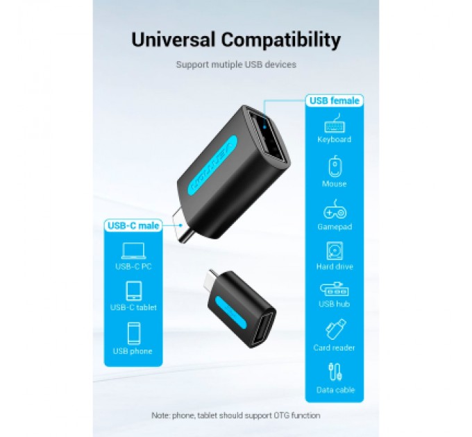 Перехідник USB 2.0 Type-C to USB AF (OTG) Vention (CDTB0)