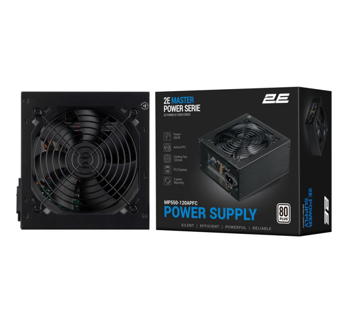 2E Блок живлення 2E MASTER POWER (550W), >80, 80+ White, 120mm, 1xMB 24pin(20+4), 1xCPU 8pin(4+4), 3xMolex, 5xSATA, (2E-MP550-120APFC)