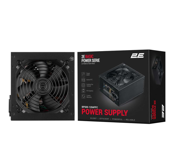2E Блок живлення 2E BASIC POWER (500W), 80, 120mm, 1xMB 24pin(20+4), 1xCPU 8pin(4+4), 3xMolex, 4xSATA, 2xPCIe 8pin( (2E-BP500-120APFC)