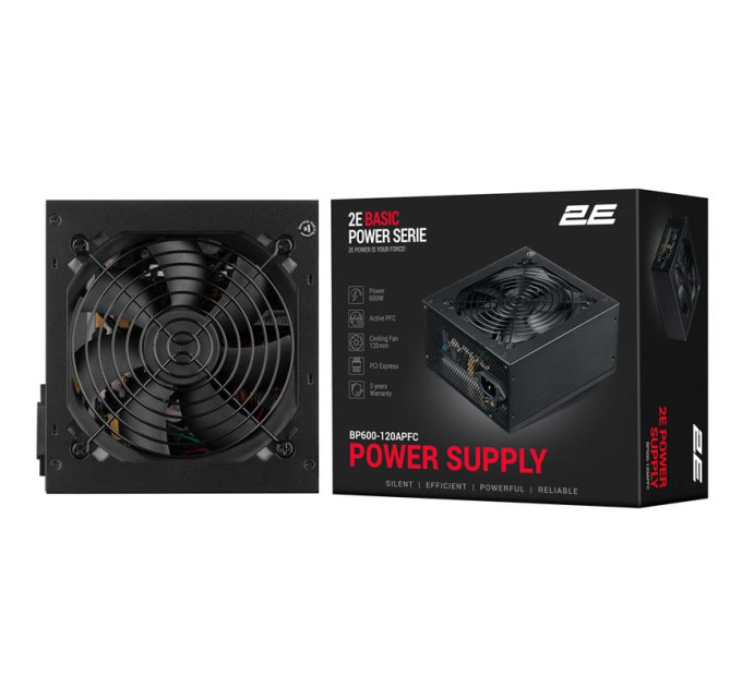 2E Блок живлення 2E BASIC POWER (600W), 80, 120mm, 1xMB 24pin(20+4), 1xCPU 8pin(4+4), 3xMolex, 4xSATA, 2xPCIe 8pin( (2E-BP600-120APFC)