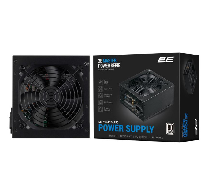 2E Блок живлення 2E MASTER POWER (750W), >80, 80+ White, 120mm, 1xMB 24pin(20+4), 1xCPU 8pin(4+4), 3xMolex, 5xSATA, (2E-MP750-120APFC)