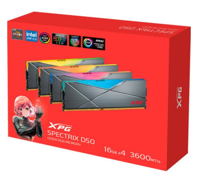 ADATA Модуль пам'яті для комп'ютера DDR4 64GB (4x16GB) 3600 MHz XPG Spectrix D50 RGB Tungsten ADATA (AX4U360016G18I-QCTG50)