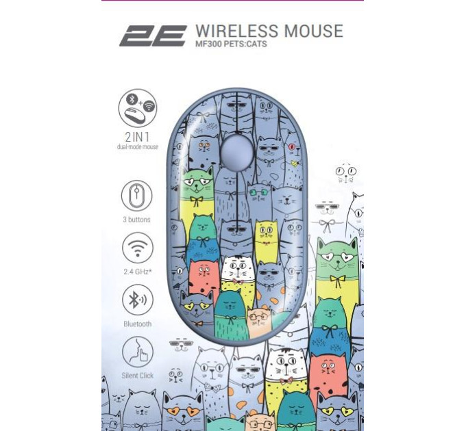 2E Мишка 2E MF300 PETSCATS Silent Wireless/Bluetooth Blue (2E-MF300WPETSBL)