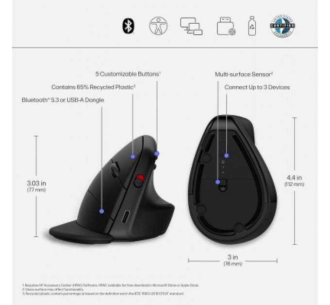 HP Мишка HP 920 Ergonomic Vertical Wireless/Bluetooth Black (6H1A4AA)