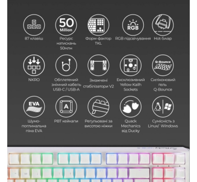 Ducky Клавіатура Ducky One 3 TKL Cherry MX Blue RGB UA USB White (DKON2187ST-CUAPXPWWWSC1)