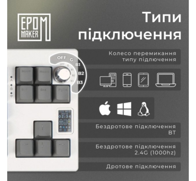 Epomaker Клавіатура Epomaker Shadow-X 70 Mulan Switch Hot-Swap LCD Screen RGB Wireless/Bluetooth/USB UA White (SHX-W-M)
