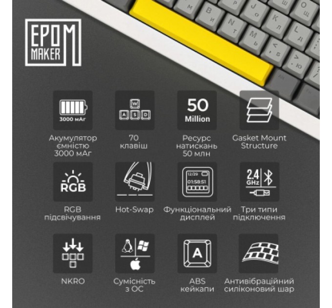 Epomaker Клавіатура Epomaker Shadow-X 70 Mulan Switch Hot-Swap LCD Screen RGB Wireless/Bluetooth/USB UA White (SHX-W-M)