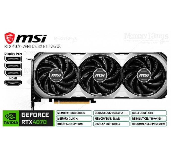MSI Відеокарта GF RTX 4070 12GB GDDR6X Ventus 3X E1 OC MSI (GeForce RTX 4070 VENTUS 3X E1 12G OC)