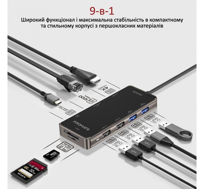 Promate Концентратор USB Promate PrimeHub USB-C Grey (primehub-go.grey)