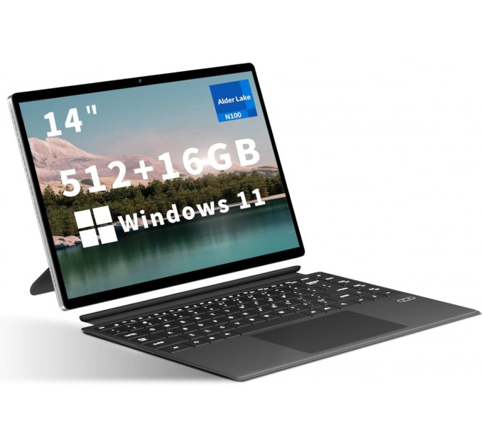 KUU Ноутбук KUU 14 book 2 in 1 (756797951970); 14" WUXGA (1920x1200) IPS LED глянцевый сенсорный / Intel N100 (3.4 ГГц) / RAM 16 ГБ / SSD 512 ГБ / Intel UHD Graphics / без ОП / Wi-Fi / BT / веб-камера / Windows 11 / 0.95 кг / серый
