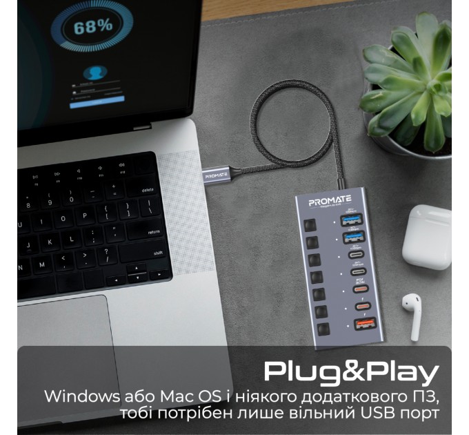 Promate Концентратор USB Type-C Promate Gegahub-10G 7 in 1 Grey (gegahub-10g)