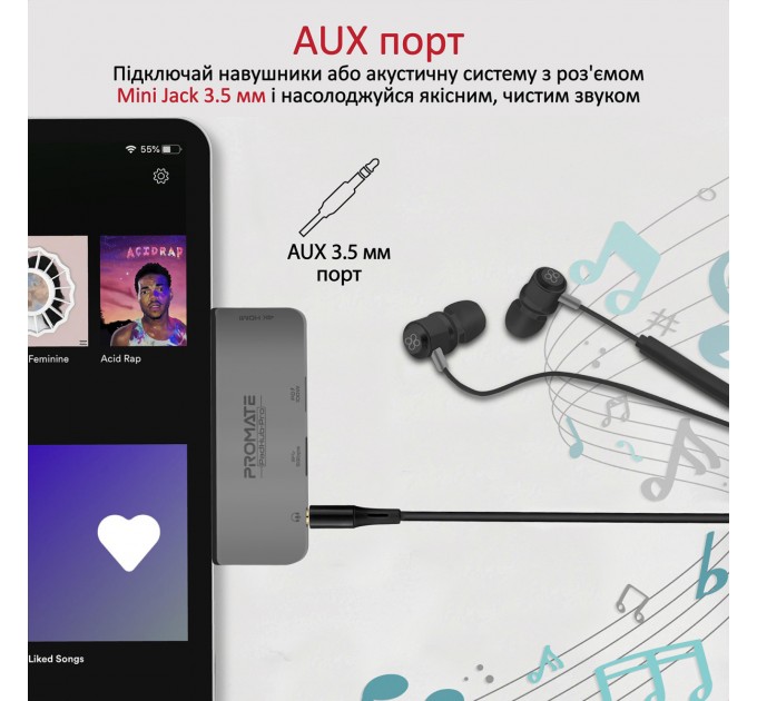 Promate Концентратор USB Type-C Promate PadHub-Pro 4 in 1 Grey (padhub-pro.grey)
