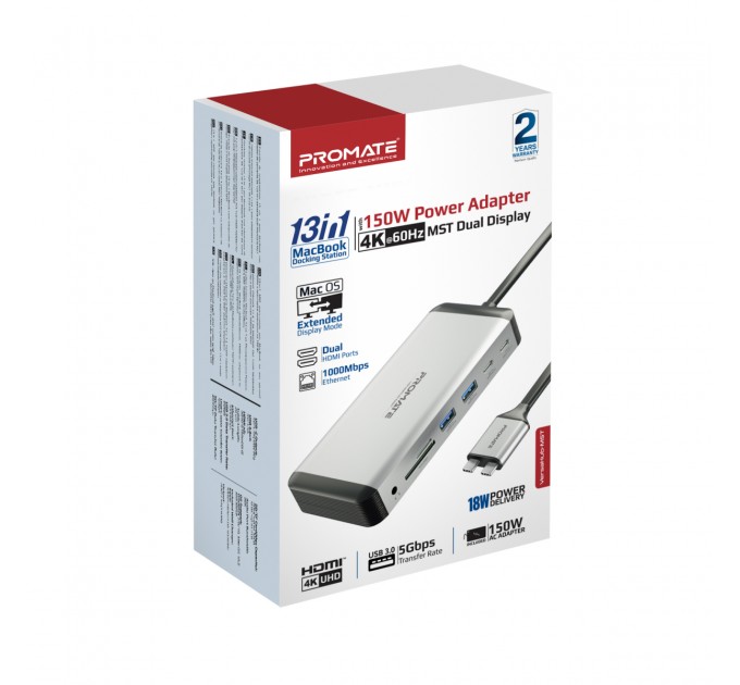 Promate Концентратор USB Type-C Promate VersaHub 13 in 1 Grey (versahub-mst.grey)
