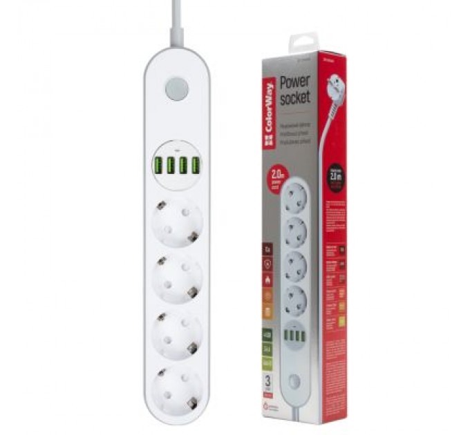 ColorWay Мережевий фільтр живлення ColorWay CW-CHE44W, 4 розетки/4USB White 2M (CW-CHE44W)