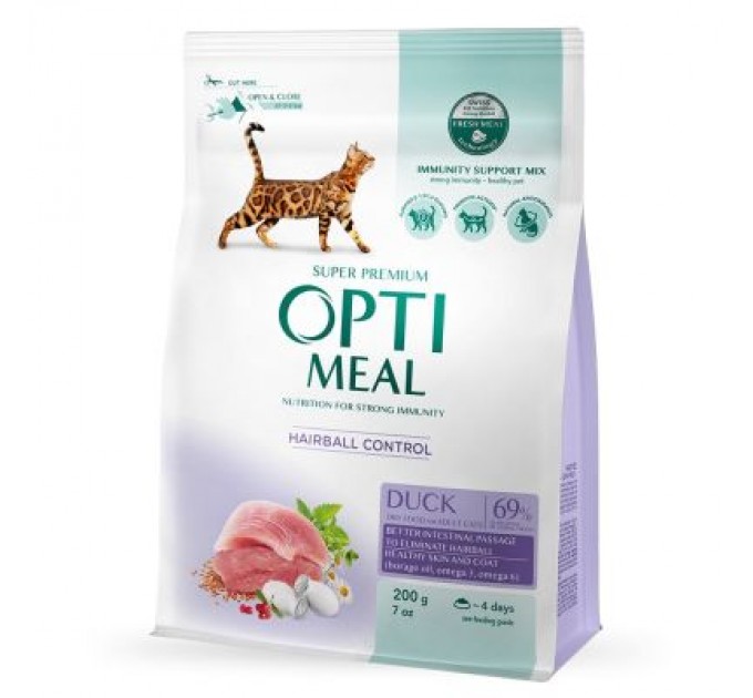 Optimeal Сухий корм для кішок Optimeal з ефектом виведення шерсті - качка 200 г (4820215362412)