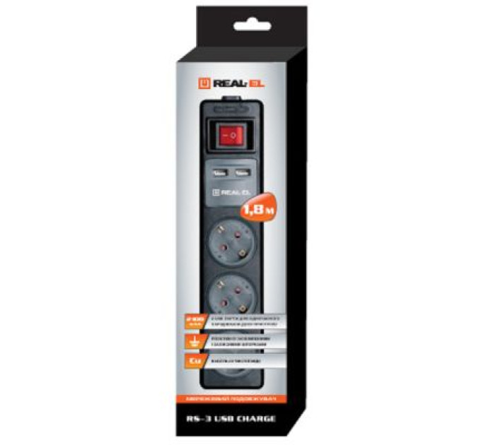 REAL-EL Мережевий подовжувач REAL-EL RS-3 USB CHARGE 1.8m, black (EL122500001)