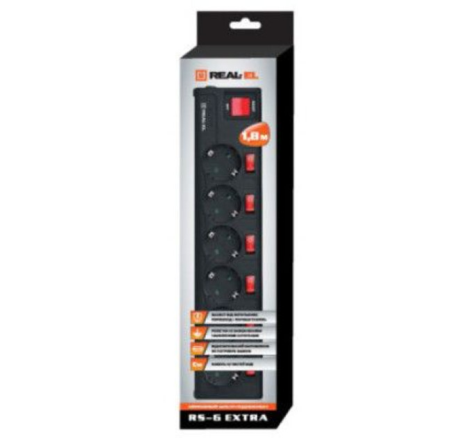 REAL-EL Мережевий фільтр живлення REAL-EL RS-6 EXTRA 1.8m, black (EL122300001)