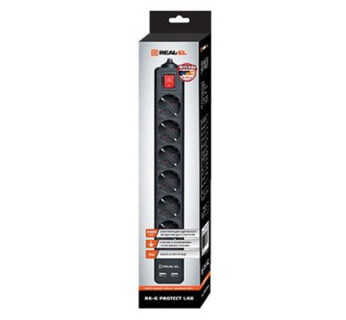 REAL-EL Мережевий фільтр живлення REAL-EL REAL-EL RS-6 PROTECT USB, 5m, black (EL122300018)