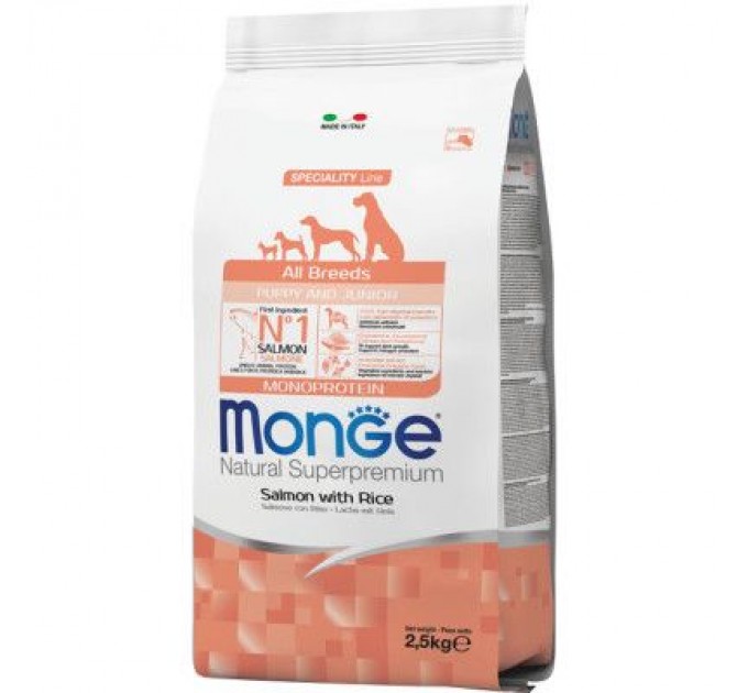 Monge Сухий корм для собак Monge Dog All breeds Puppy&Junior зі смаком лосося та рису 2.5 кг (8009470011204)