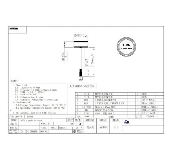 Skyzone Антена для дрона Skyzone 1.2GHz 150mm SMA RHCP (1.2GANT)