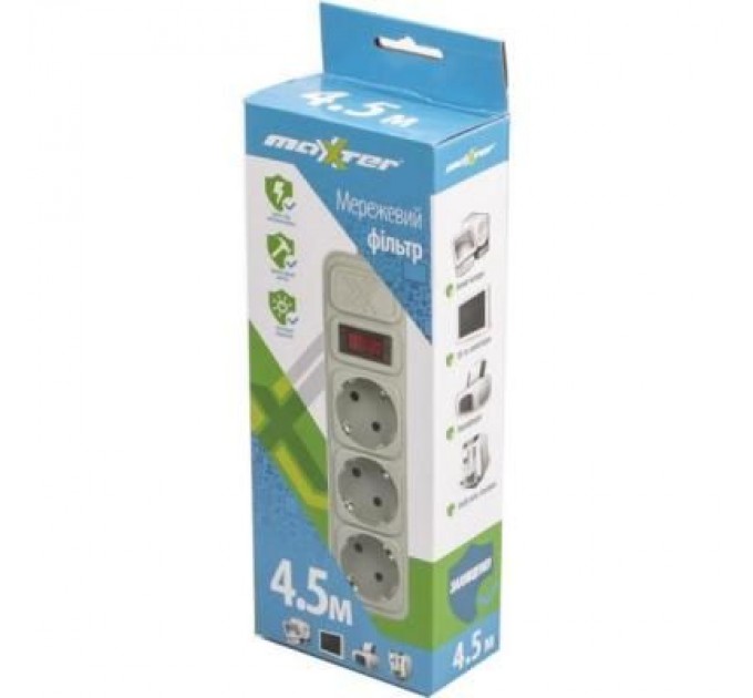 Мережевий фільтр живлення Maxxter SPM3-G-15G grey, 4.5 м кабель, 3 розетки (SPM3-G-15G)