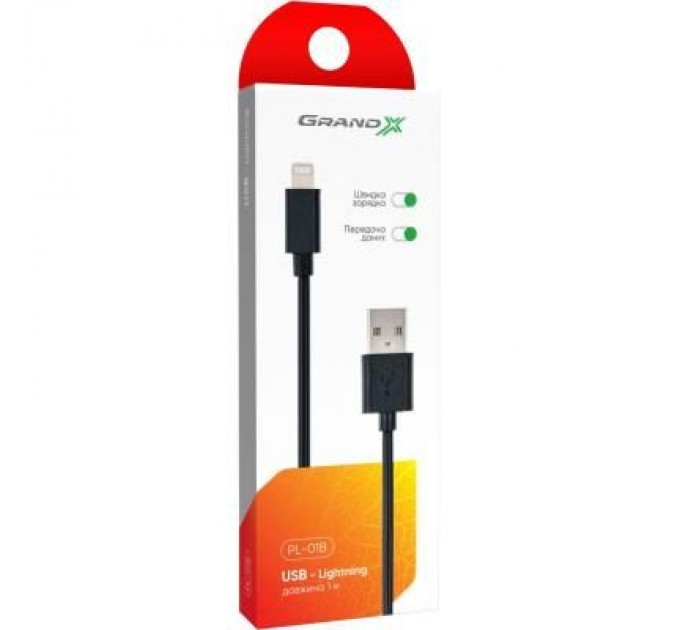 Grand-X Дата кабель USB 2.0 AM to Lightning 1.0m Cu, 2.1А, Black Grand-X (PL01B)
