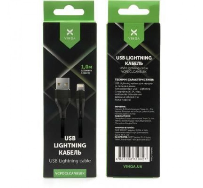 Vinga Дата кабель USB 2.0 AM to Lightning 1.0m cylindric nylon back Vinga (VCPDCLCANB1BK)