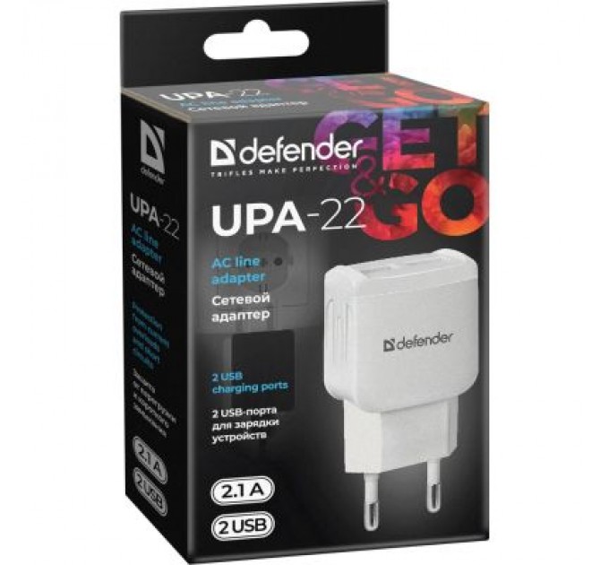Зарядний пристрій Defender UPA-22 white, 2xUSB, 2.1A (83580)