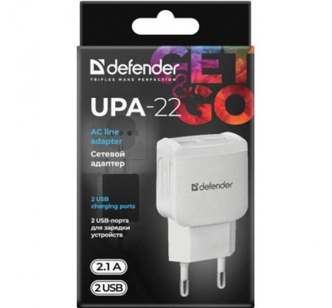 Зарядний пристрій Defender UPA-22 white, 2xUSB, 2.1A (83580)