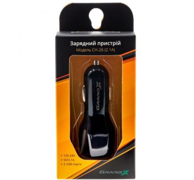 Grand-X Зарядний пристрій Grand-X car 2,1A, 12-24V, Black 2USB 5V/2.1A (CH-26)