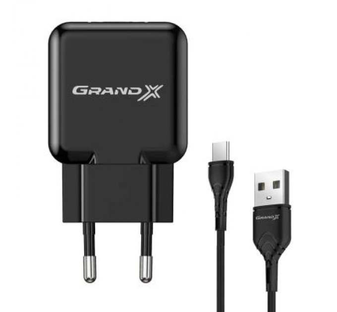 Зарядний пристрій Grand-X CH-03T USB 5V 2,1A Black + cable USB -> Type C, Cu, 4A, TPE (CH-03T)