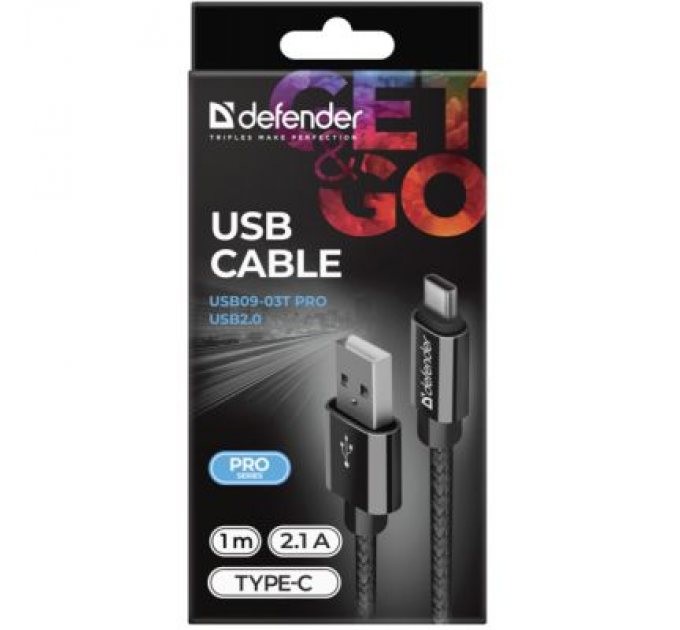 Defender Дата кабель USB 2.0 AM to Type-C 1.0m USB09-03T PRO Black Defender (87814)