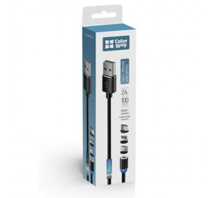 Дата кабель USB 3в1 (Lightning+MicroUSB+Type-C) Magnet only charge ColorWay (CW-CBUU020-BK)