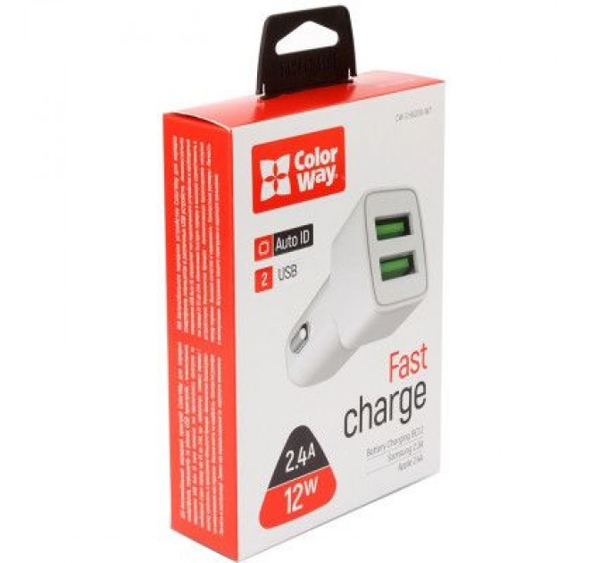 Зарядний пристрій ColorWay 2USB AUTO ID 2.4A (12W) white (CW-CHA009-WT)