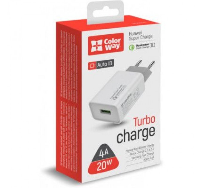 ColorWay Зарядний пристрій ColorWay 1USB Huawei Super Charge/Quick Charge 3.0, 4A (20W) (CW-CHS014Q-WT)