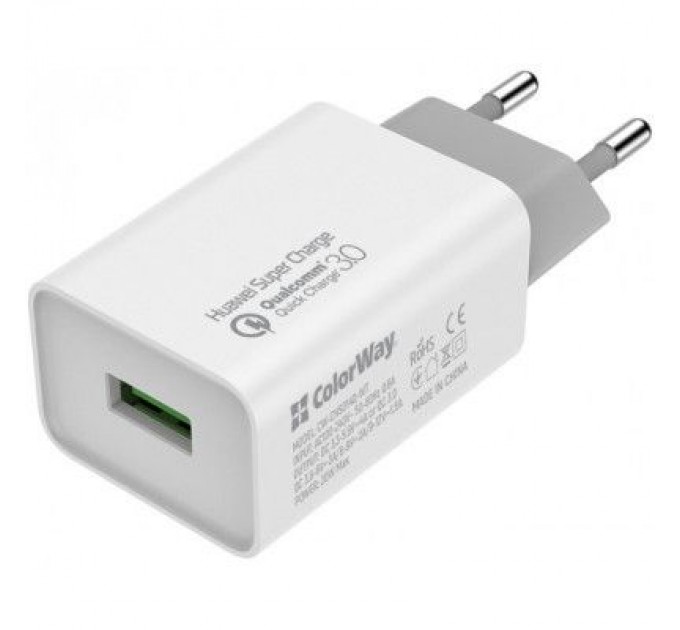 ColorWay Зарядний пристрій ColorWay 1USB Huawei Super Charge/Quick Charge 3.0, 4A (20W) (CW-CHS014Q-WT)