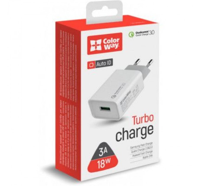 ColorWay Зарядний пристрій ColorWay 1USB Quick Charge 3.0 (18W) (CW-CHS013Q-WT)