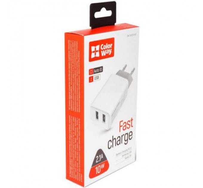 Зарядний пристрій ColorWay 2USB AUTO ID 2.1A (10W) (CW-CHS015-WT)