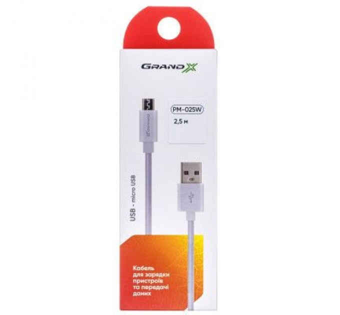 Grand-X Дата кабель USB 2.0 AM to Micro 5P 2.5m white Grand-X (PM025W)