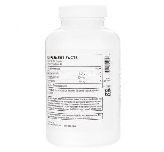 Thorne Research Пробіотики Thorne Research Травні ферменти (Бетаин / Пепсин / Панкреатин), (THR-41002)