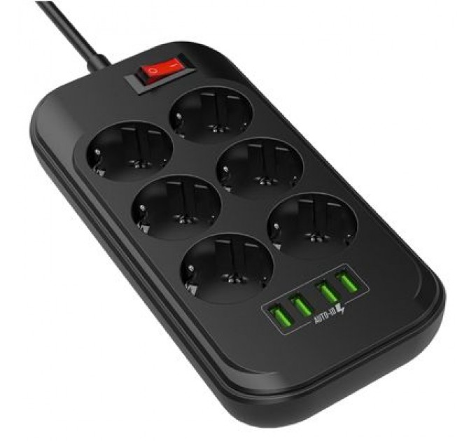 ColorWay Мережевий фільтр живлення ColorWay CW-CHE64B, 6 розеток/4USB Black (CW-CHE64B)