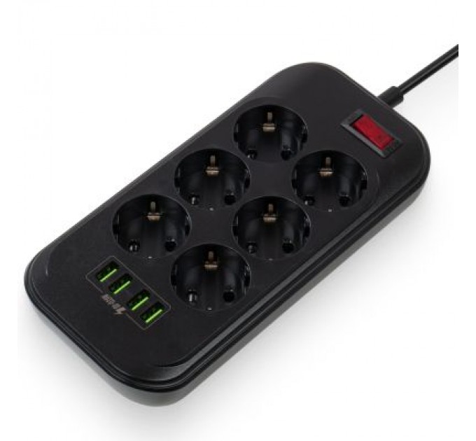 ColorWay Мережевий фільтр живлення ColorWay CW-CHE64B, 6 розеток/4USB Black (CW-CHE64B)