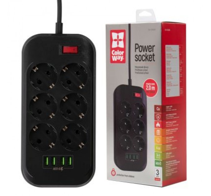 ColorWay Мережевий фільтр живлення ColorWay CW-CHE64B, 6 розеток/4USB Black (CW-CHE64B)